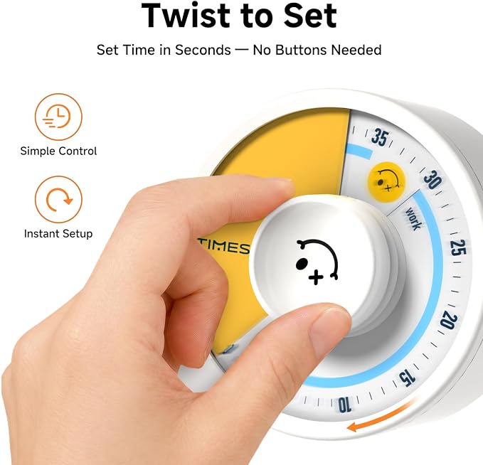 60-Minute Visual Timer, Twist to Set, Loud Battery-Powered Alarm, Manual Rotary - Image 2