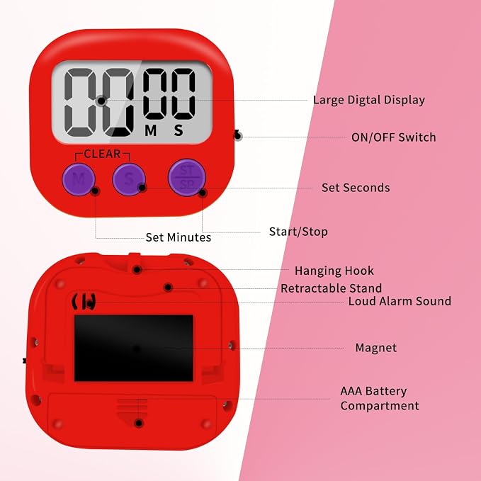 6 Pack Small Digital Kitchen Timer Magnetic Back and ON/Off Switch, Minute - Image 3