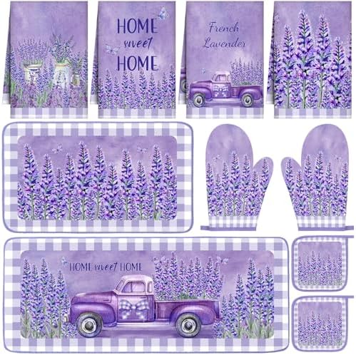 VitalCozy 10 Pcs Purple Lavender Kitchen Decor Set Kitchen Towels