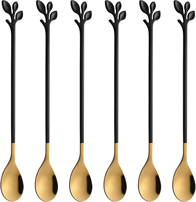 AnSaw 6-Piece Elegant Black & Gold Leaf Long Handle Teaspoons by AnSaw