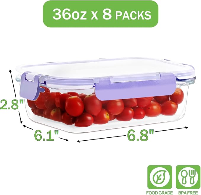 8 Pack 36oz Large Glass Meal Prep Containers - Image 2