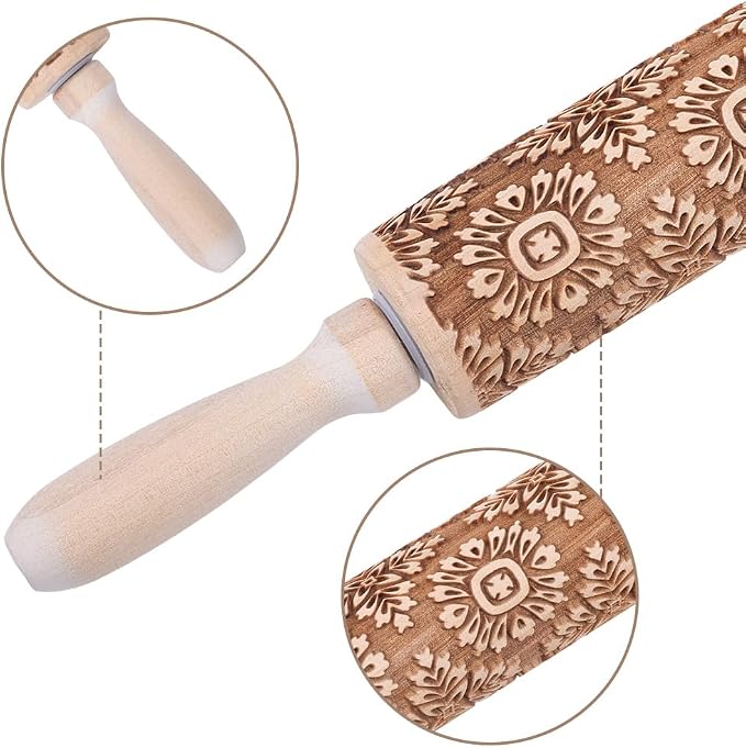 Embossed Wooden Rolling Pin Flower Print 35cm Rolling Pin - Image 3