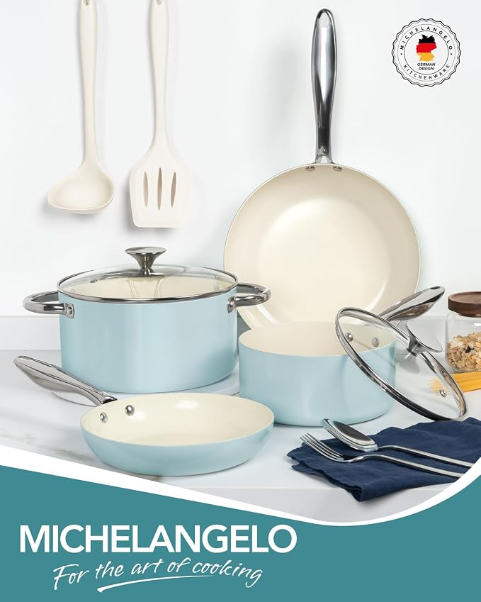 MICHELANGELO Pots and Pans Set Non Stick, 8-Piece Ti-infused Ceramic Cookware - Image 8