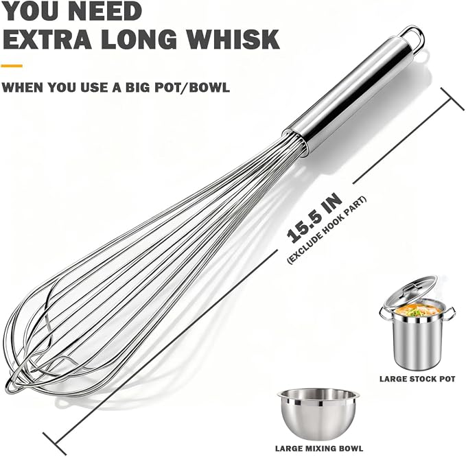 18/10 Stainless Steel Large Whisk, 15.5 inch Heavy Duty Long Whisk Suitable - Image 3