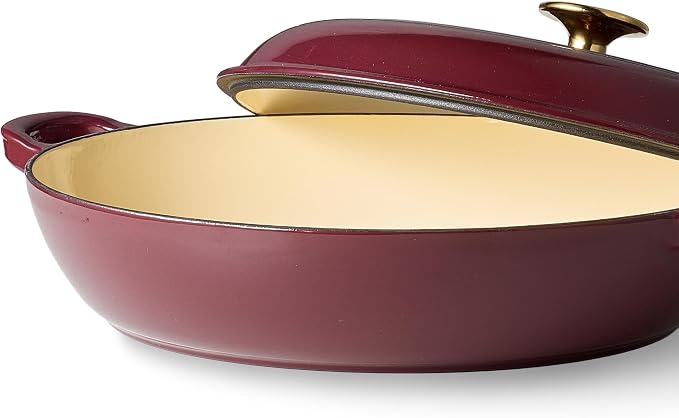 CAROTE 3.4QT Enameled Cast Iron Braiser Pan, Shallow Dutch Oven Casserole - Image 3