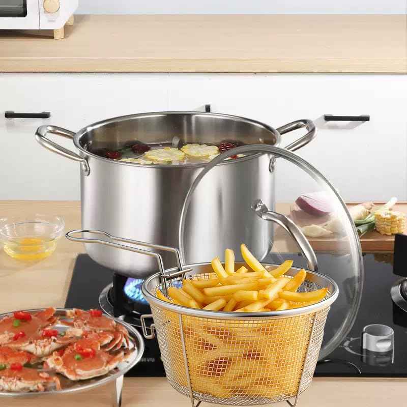 6L/6.4QT Deep Fryer Pot with Basket and Steamer Rack, Stainless Steel Stock Pot Cooking Pot for Pasta, Soup,Spaghetti, Chicken, Deep Cookware for Frying, Canning, Boiling, Simmering