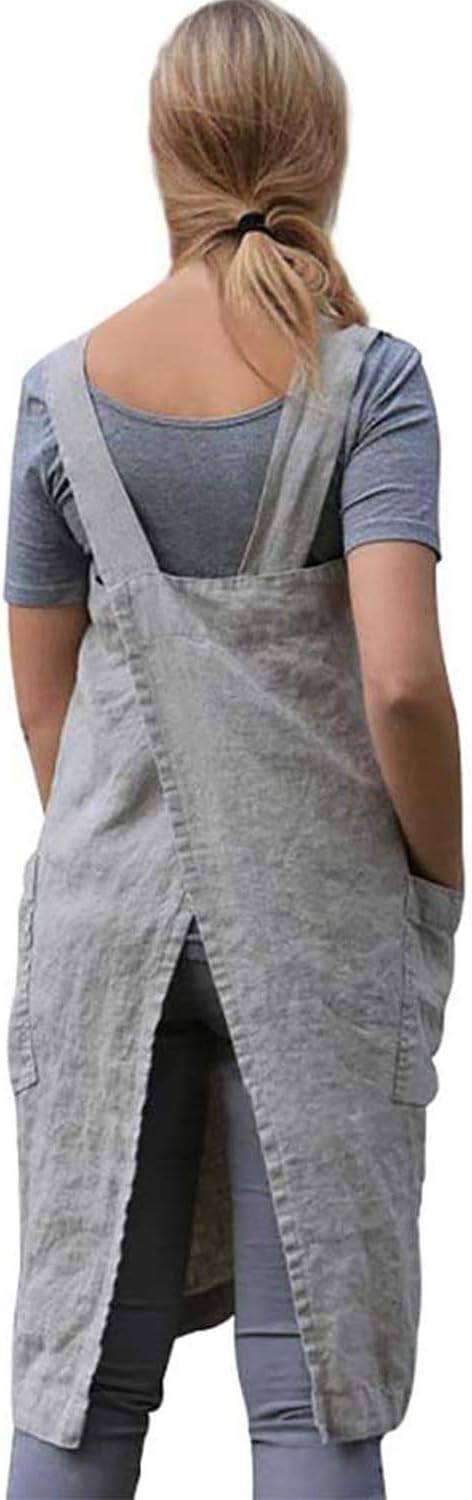 VLZUFE Cotton Linen Apron for womens Cross Back Apron Pinafore Dress for Baking - Image 3