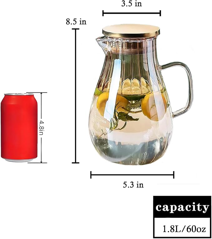 Glass Pitcher With Lid Amber Round Water Carafe with handle and Spout - Image 2