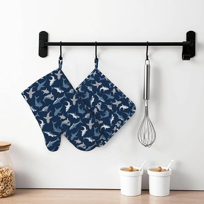 Cool Sharks Oven Mitts and Pot Holders Set of 4 Silicone Blue Grey Sharks - Image 7