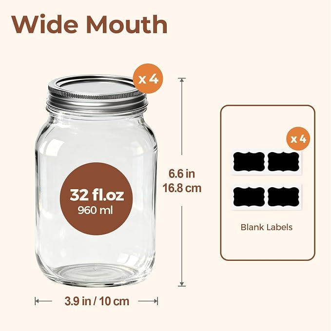 ComSaf Wide Mouth Mason Jars 32 oz - Image 2