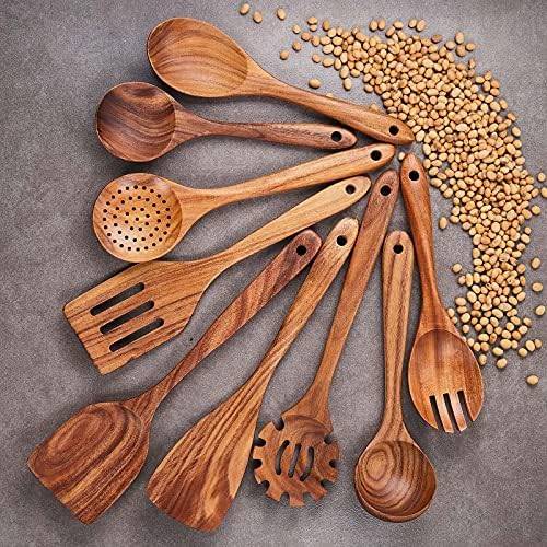 Wooden Kitchen Utensils Set,GUDAMAYE 9 PCE Natural Teak Wooden Spoons