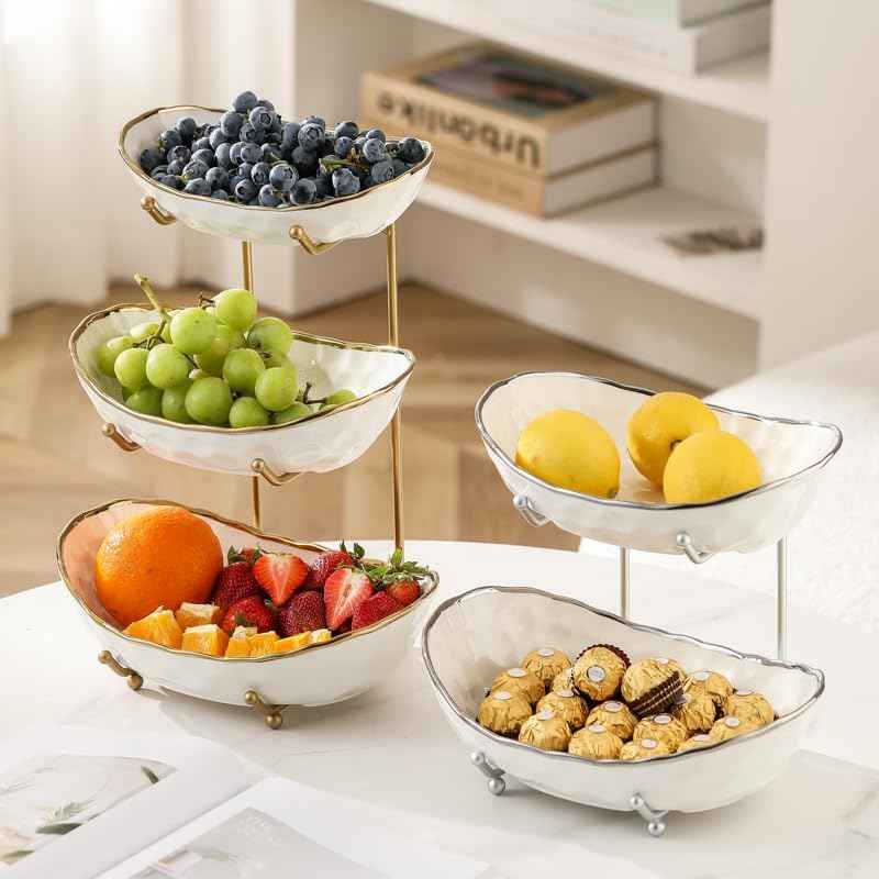 White Fruit Bowl with Gold Metal Stand, 3 Tier Modern Ceramic Fruit
