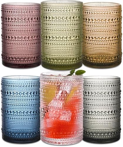 Colored Hobnail Drinking Glasses Set of 6, 15 oz Vintage Highball