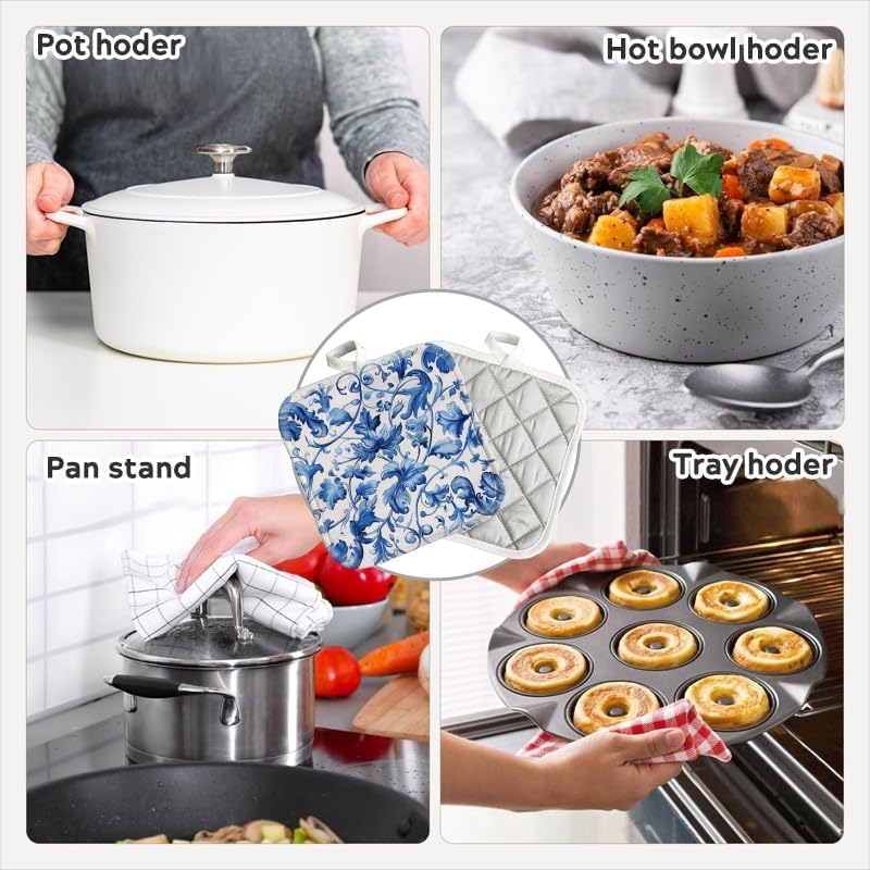 Pot Holder for Kitchen 4pcs,Blue and White Pattern with Intricate