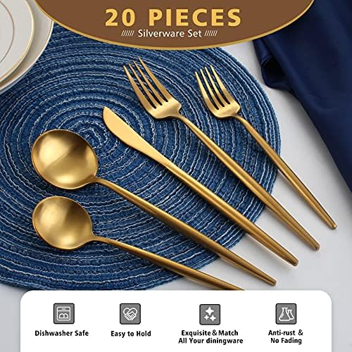 Matte Gold Silverware Set, Oliviola 20-Piece Stainless Steel Flatware