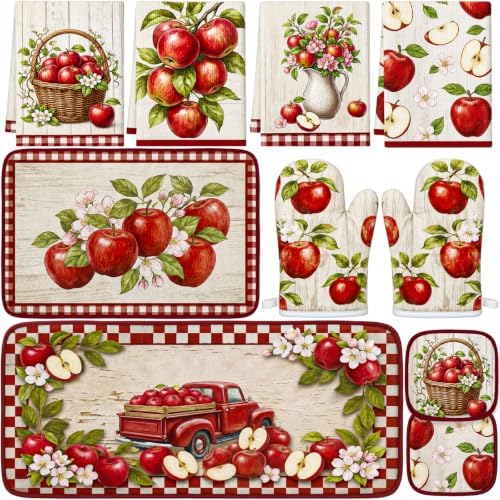 10Pcs Fall Apple-Pattern Kitchen Decor Set, Farmhouse Decorations for