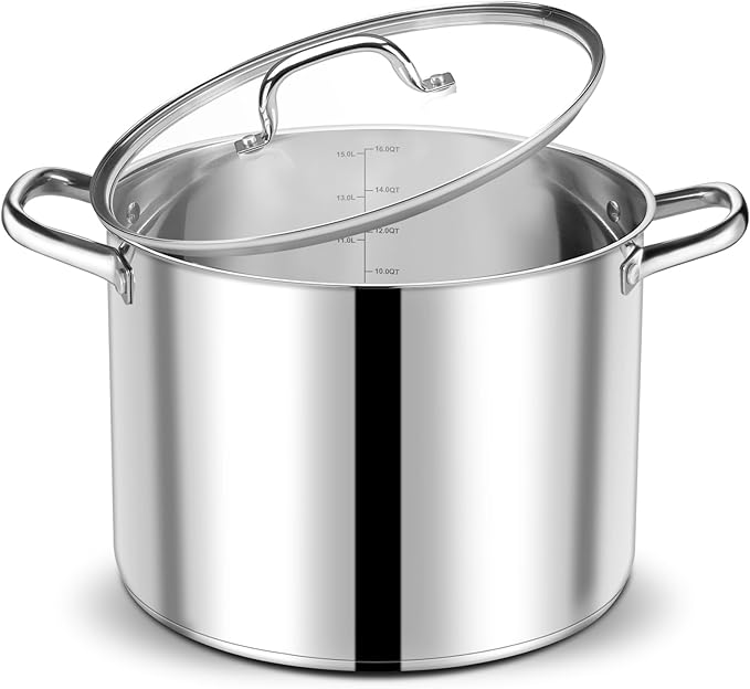 P&P CHEF 16 QT Stock Pot with Lid, Stainless Steel Large Cooking Pot, Soup by PPCHEF