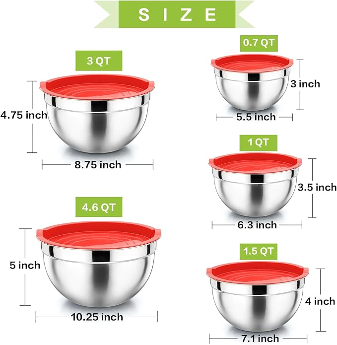 P&P CHEF Mixing Bowls with Airtight Lids Set of 5, 10-Piece Stainless Steel - Image 4