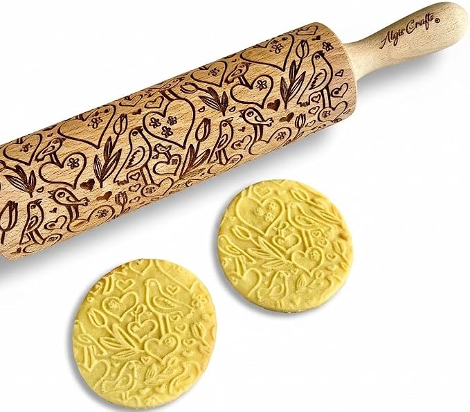 LOVE BIRDS Embossing Rolling Pin – Laser Engraved Dough Roller by ALGISCRAFTS