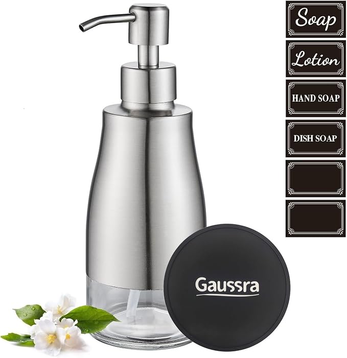Gaussra Soap Dispenser with Coaster and Stickers, Brushed Nickel Stainless - Image 7