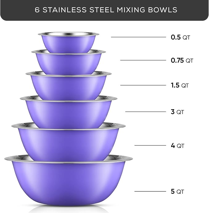 JoyJolt Stainless Steel Mixing Bowl Set of 6-5qt to 0.5qt Nesting Bowls - Image 2