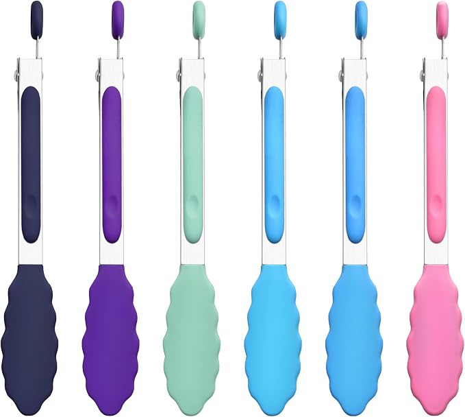 7-Inch Silicone Tongs Pack of 6, Small Stainless Steel Tongs by DAILYKISN