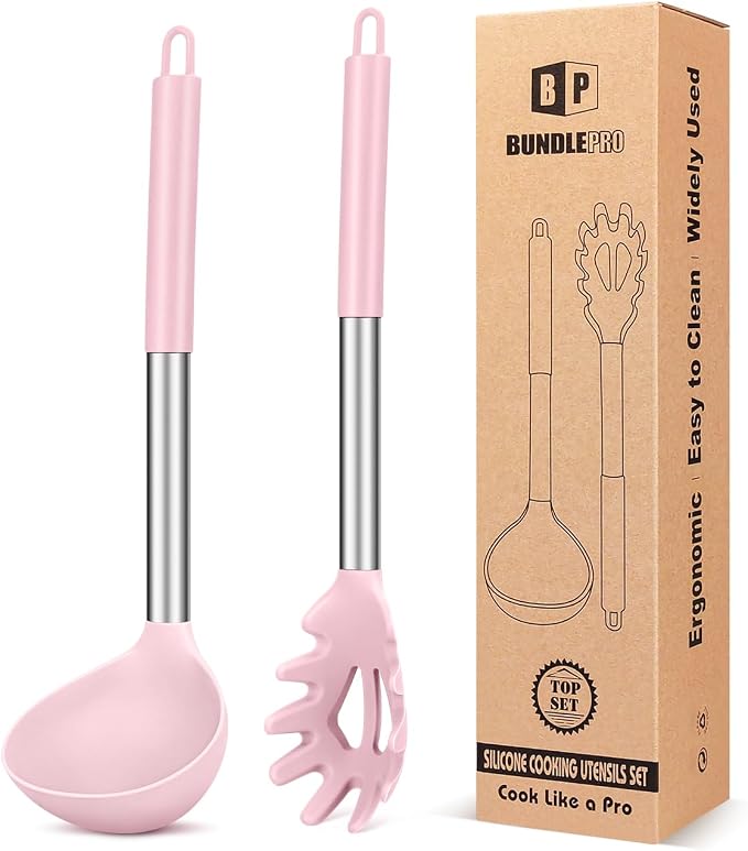 Silicone Pasta Fork and Ladle Spoon Set, Large Non Stick Kitchen Utensils by BUNDLEPRO