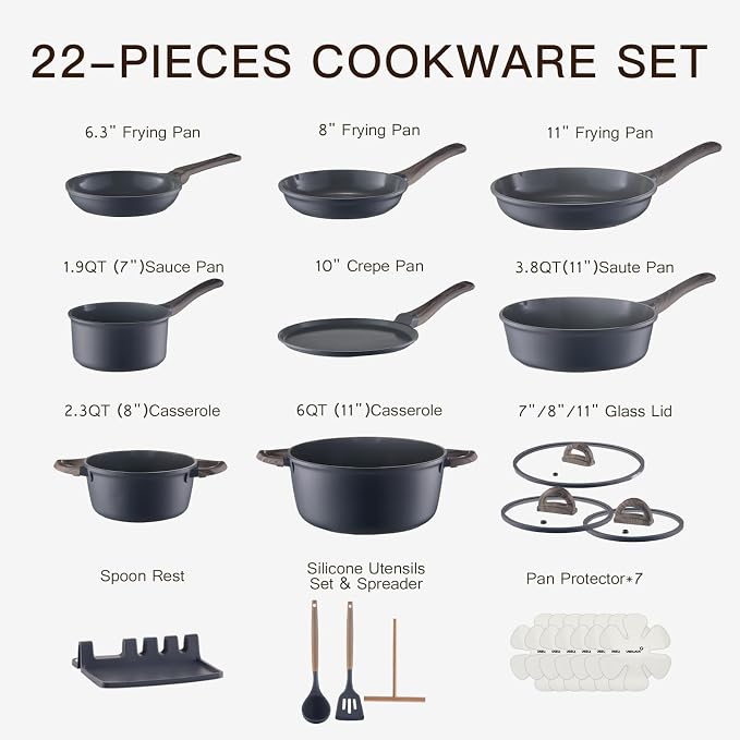 Pots and Pans Set Nonstick 22 Pcs, Ceramic cookware set Non-Toxic CoatingGray - Image 7