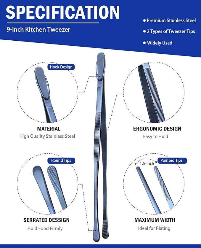 JETKONG 2 Pcs 9-Inch Cooking Tweezer Tongs Stainless Steel Kitchen Tweezers - Image 2