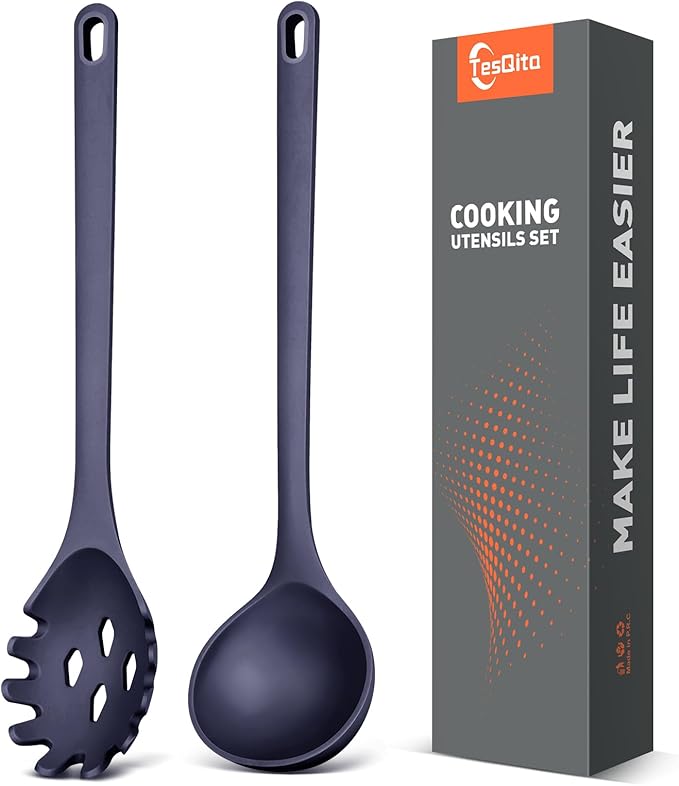 Silicone Spaghetti Spoon&Soup Ladle Cooking Utensils Set of 2, No Scratch by TesQita