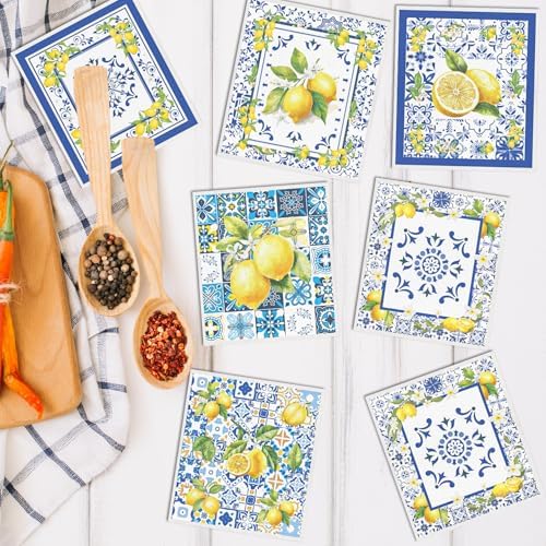 Blue Tiles Lemons Swedish Dishcloths, 6 Pack Reusable Swedish Dish