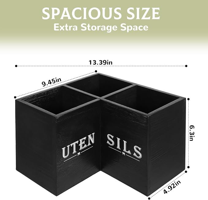 Kitchen Utensils Holder with 3 Compartments, Corner Utensil Caddy, Wooden - Image 2