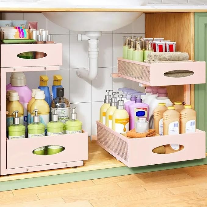 Under Sink Organizer, L-Shaped Adjustable Height, Mesh Sliding Drawer by Kitstorack
