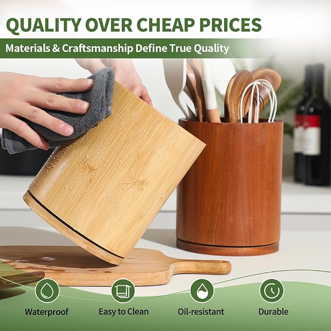 Wooden Utensil Holder, 360°Rotating 7.3'' Large Utensil Holder - Image 4