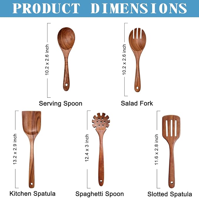 Wooden Spoons for Cooking Non-Stick Kitchen Pan Toolset 5 PCS Set, Natural - Image 4