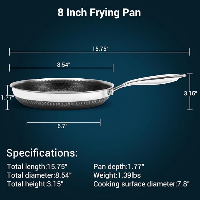 8 Inch Tri-Ply Stainless Steel Hybrid Frying Pan, Ceramic Nonstick Skillet - Image 7