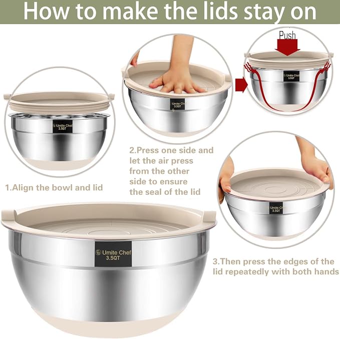 Umite Chef Mixing Bowls with Airtight Lids, 6 piece Stainless Steel Metal - Image 5