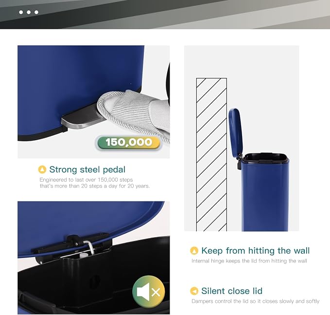FDW | 13 Gallon Trash Can with Lid | Deep Blue | Fingerprint-Proof | Made of - Image 3