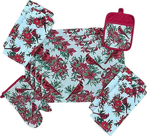 Set of 10, Red Cardinal Bird Holiday Season Christmas Design Tapestry