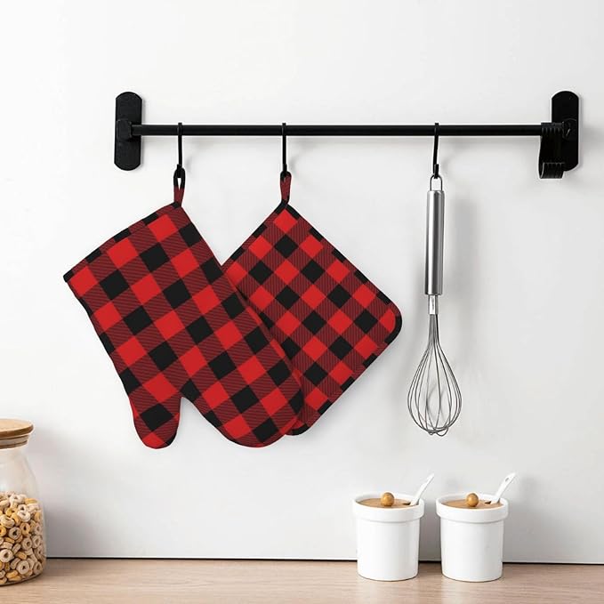 Buffalo Plaid Black and Red Oven Mitts and Pot Holders Set - Image 7