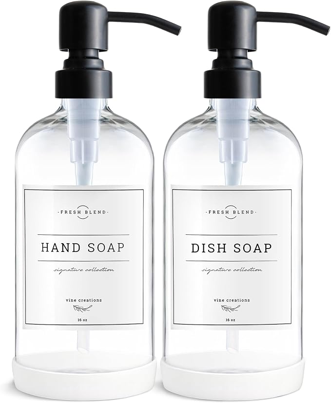 Vine Creations Clear Glass Soap Dispenser, 2 Pack Kitchen Soap Dispenser Set by VineCreations