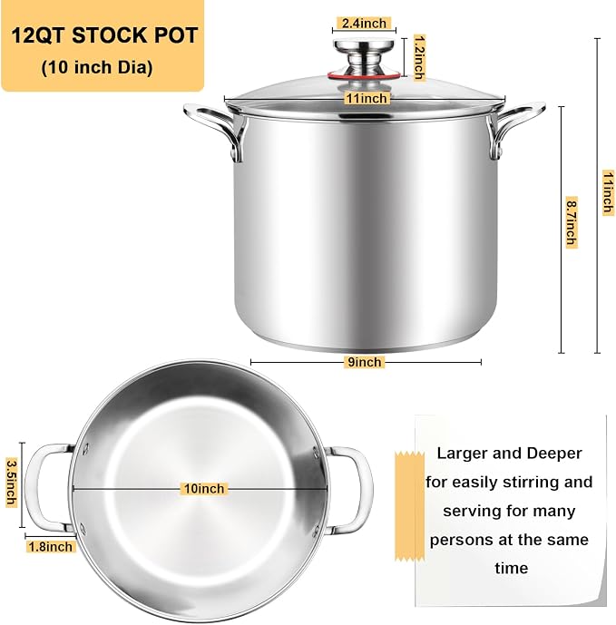 TeamFar 12 Quart Stock Pot, 18/10 Stainless Steel Large Cooking Soup Pot - Image 2