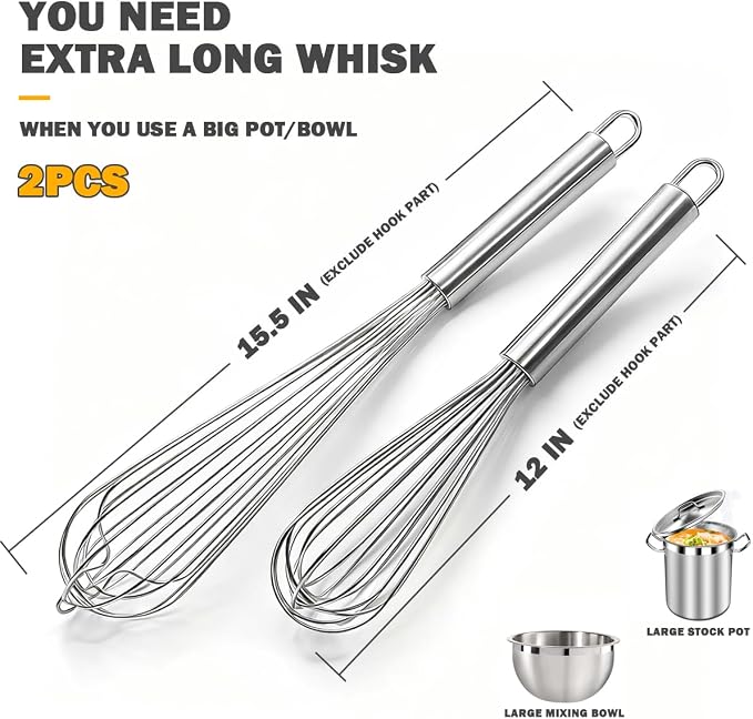 18/10 Stainless Steel Large Whisk Set of 2, 15.5 inch Heavy Duty Long Whisk and - Image 3