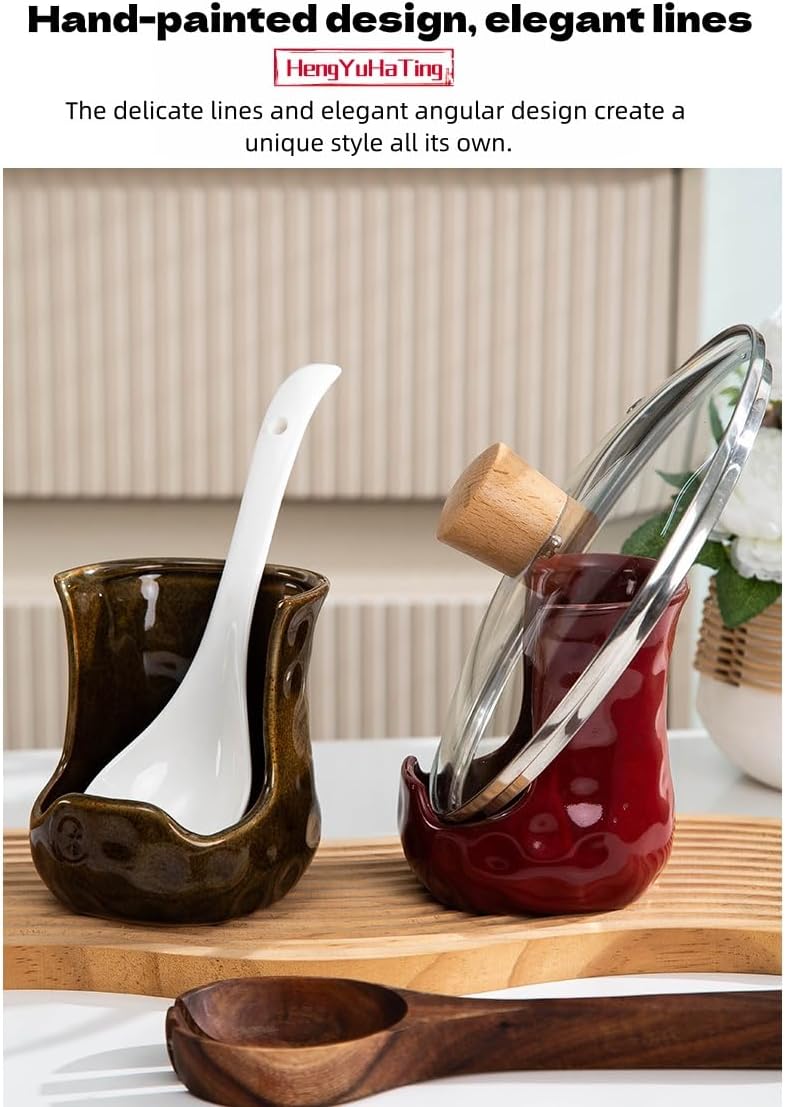 [HengYuhating] Ceramic Spoon Rest & Pot Lid Holder for Stove Top (Red)