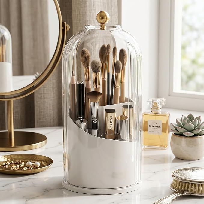 Makeup Brush Holder with Lid 360° Rotating 3-Compartment Makeup Organizers by Unknown