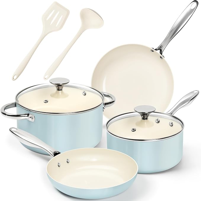 MICHELANGELO Pots and Pans Set Non Stick, 8-Piece Ti-infused Ceramic Cookware by Michelangelo