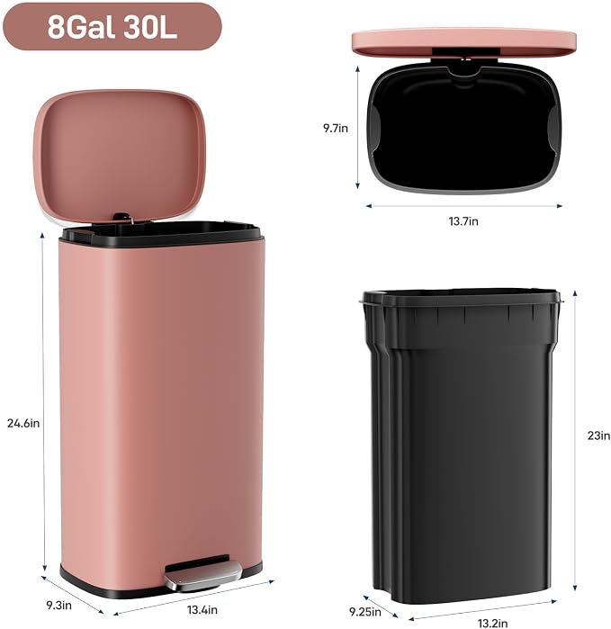 Arlopu 8/13.2 Gallon Step Trash Can, Stainless Steel Garbage Bin, Soft-Close - Image 2