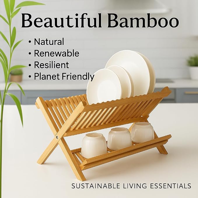 HIC Kitchen Bamboo Folding Dish Drying Rack, 20.5 x 13-Inches - Image 5