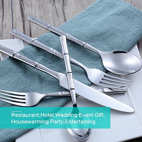 Silverware Set Silver Bamboo Handle Flatware Stainless Steel Heavy