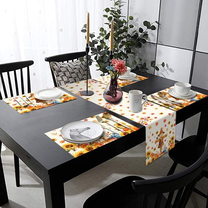 Fall Scarecrow Table Runner & Place Mats Set of 6, 70 in